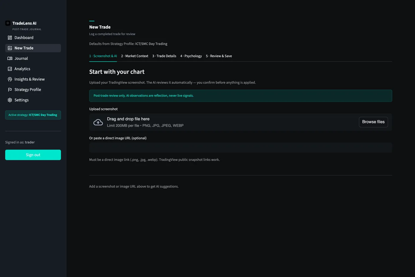TradeLens New Trade wizard step one, where a chart screenshot is uploaded for AI review